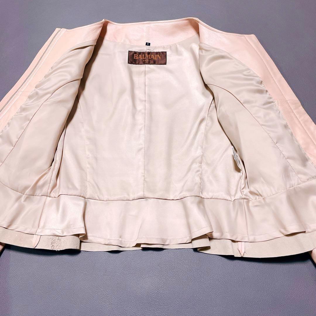 ★美品★バルマン　レザージャケット　ノーカラー　ペプラム　羊革 　9号(578)