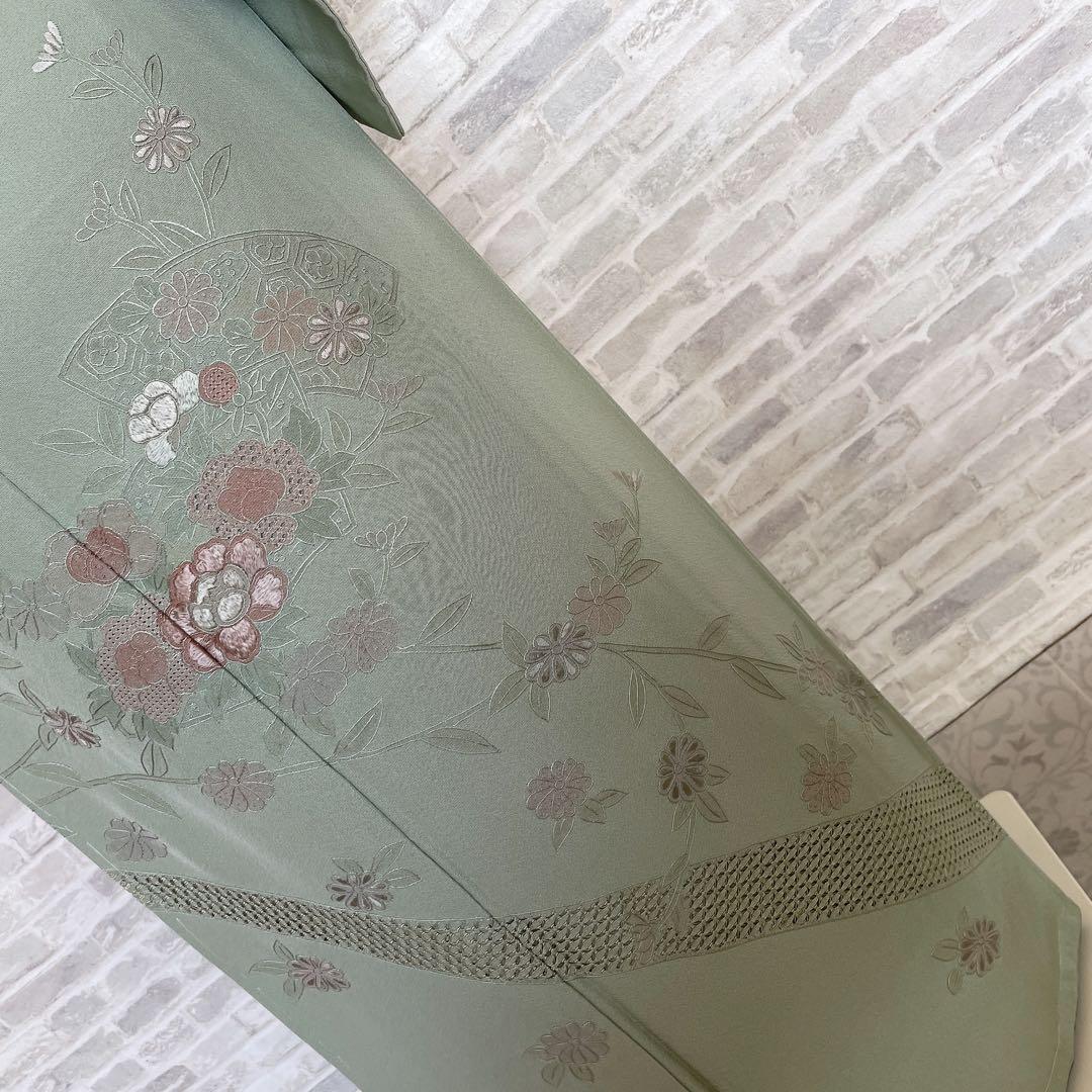 訪問着+長襦袢　フルセット　汕頭刺繍　花々　入学式　卒業式　着物　I10