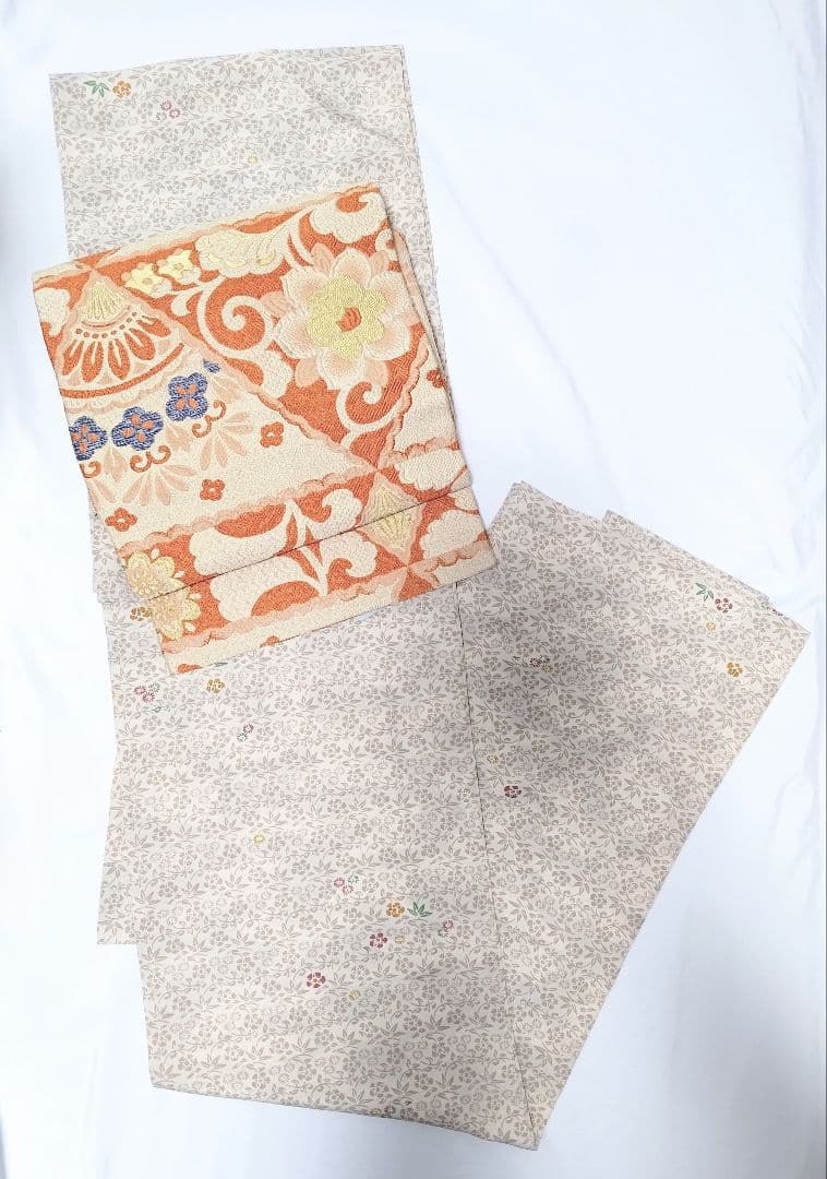 名古屋帯花柄レトロフラワーオレンジ金糸青色女和服ベージュクリーム色正絹着物帯和装