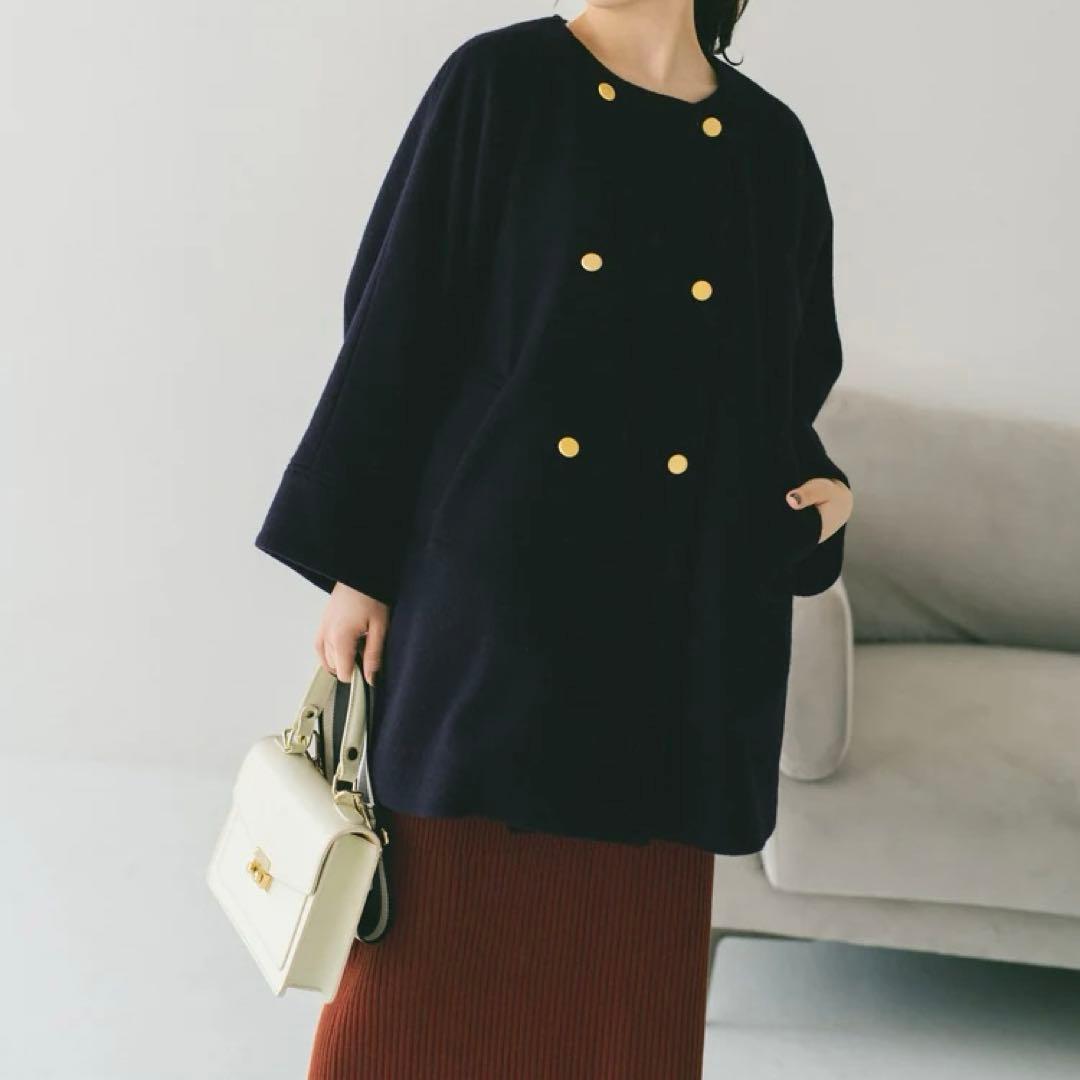 極美品✨COHINA 2wayカラーゴールドボタンミドルコート　ネイビー