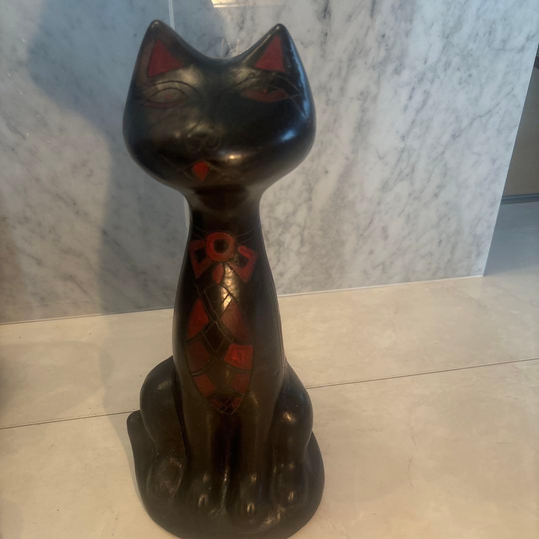 メキシコビンテージ　タトゥーのような美しい幾何学模様の猫陶器オブジェ