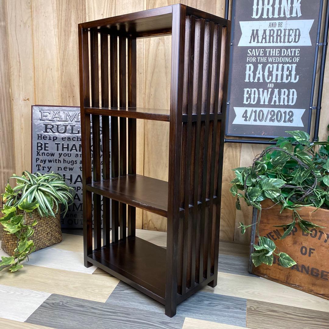 アジアンエスニック木製天然無垢材格子ラックシェルフ三段木製飾り棚和室和風