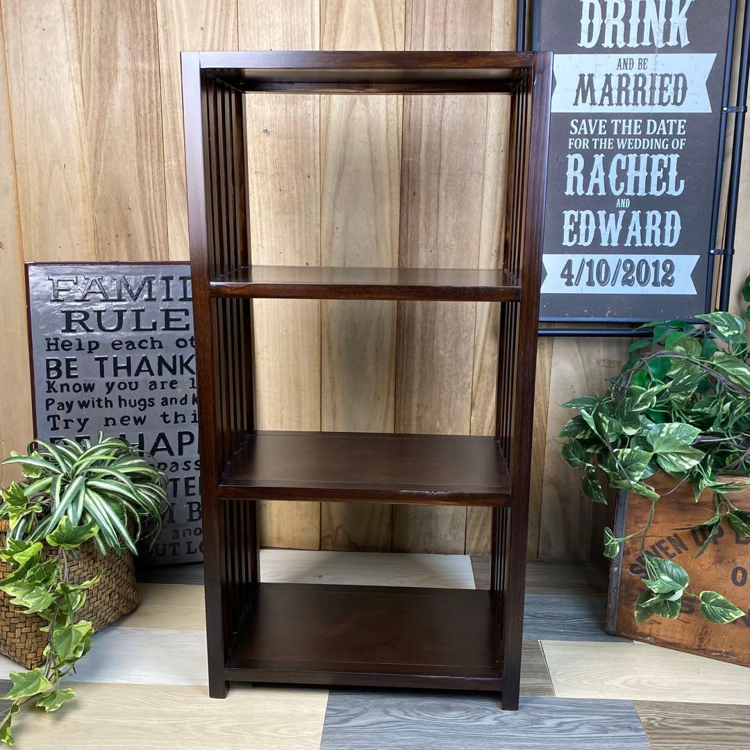 アジアンエスニック木製天然無垢材格子ラックシェルフ三段木製飾り棚和室和風