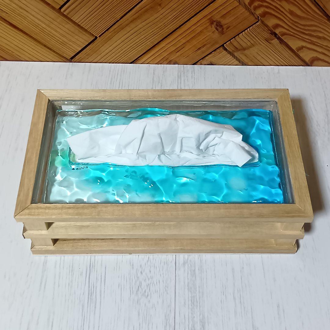 【1221】オーシャンアート　立体波紋　ウッドレジン　ティッシュケース　海雑貨