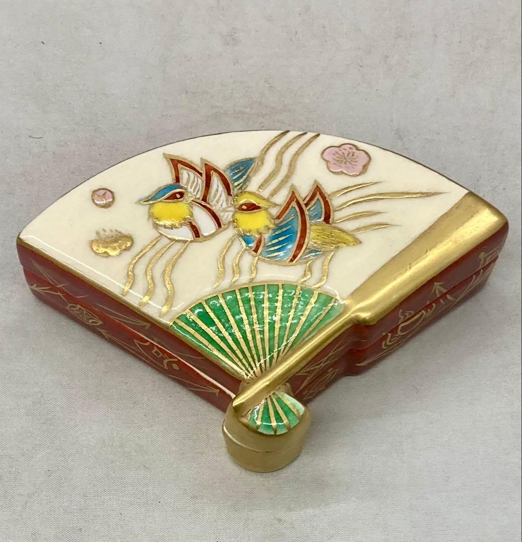 B565s 「開扇文 香合」橋本永豊造　共箱　鴛鴦　花散し　香道具　茶道具