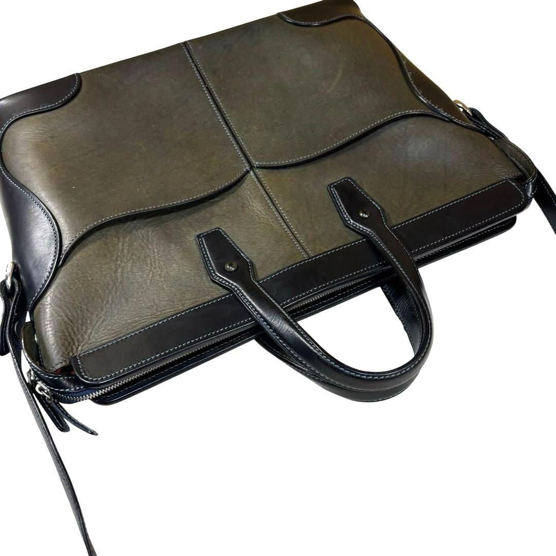 万双　2way ブライドルレザーブリーフケース　ビジネスバッグ　自立　カーキ　黒