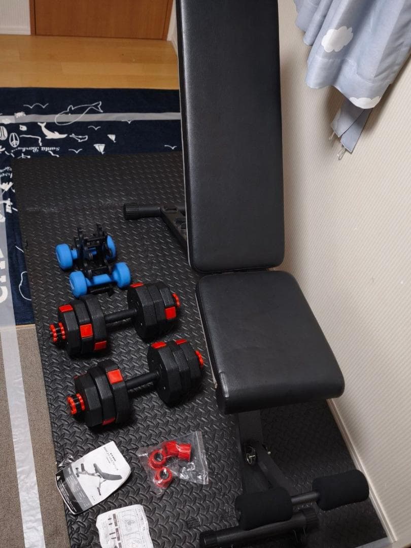 ☆おうちジム フルセット①ベンチ、マット、ダンベル 2個づつ+ダンベルラック ☆