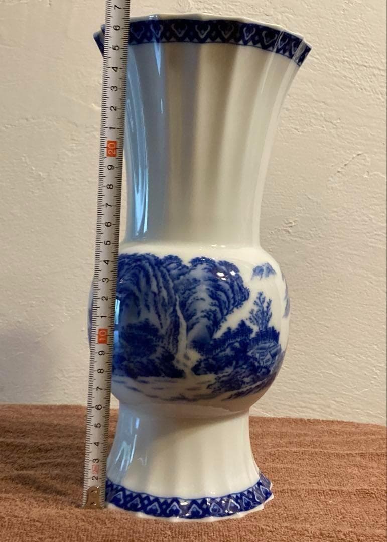 香蘭社 染付 山水 花瓶 花生 花器 フラワーベース 陶器フレア型 木箱付き