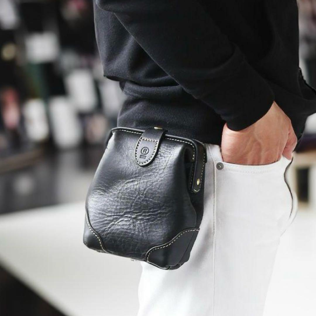 ポルコロッソ 口枠 ベルトポーチ オリジナル 白ステッチ 日本製 本革 ブラック