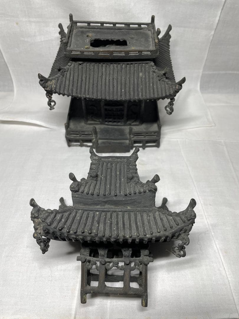 置物。古典樓閣。鑄銅。昭和初期。