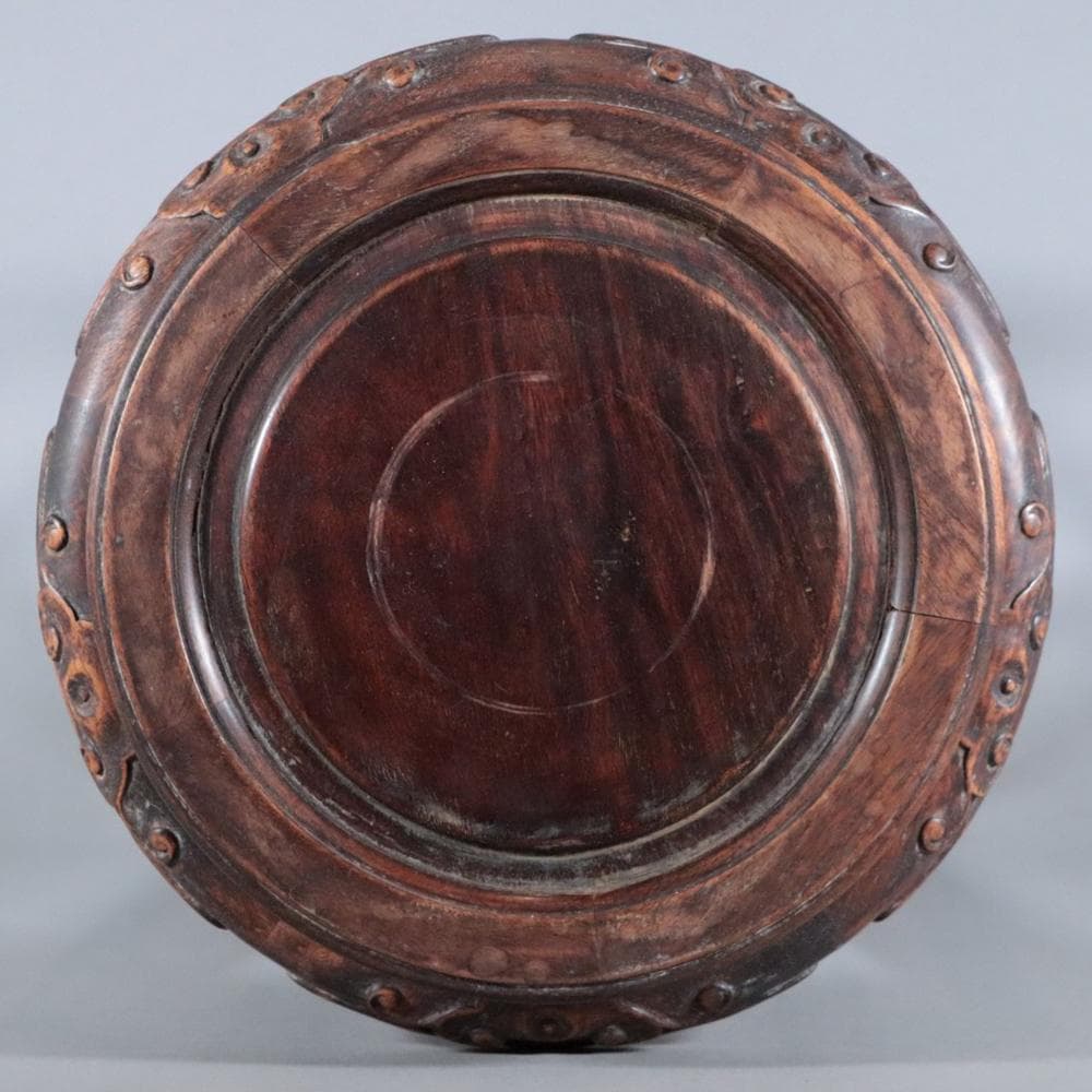 【木】　★ 家具 黄花梨減地彫如意雲圓幾 ★　清朝期　天然木 彫刻文様　明清家具