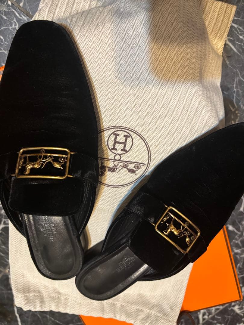 HERMES ブラック スエード ミュール　38