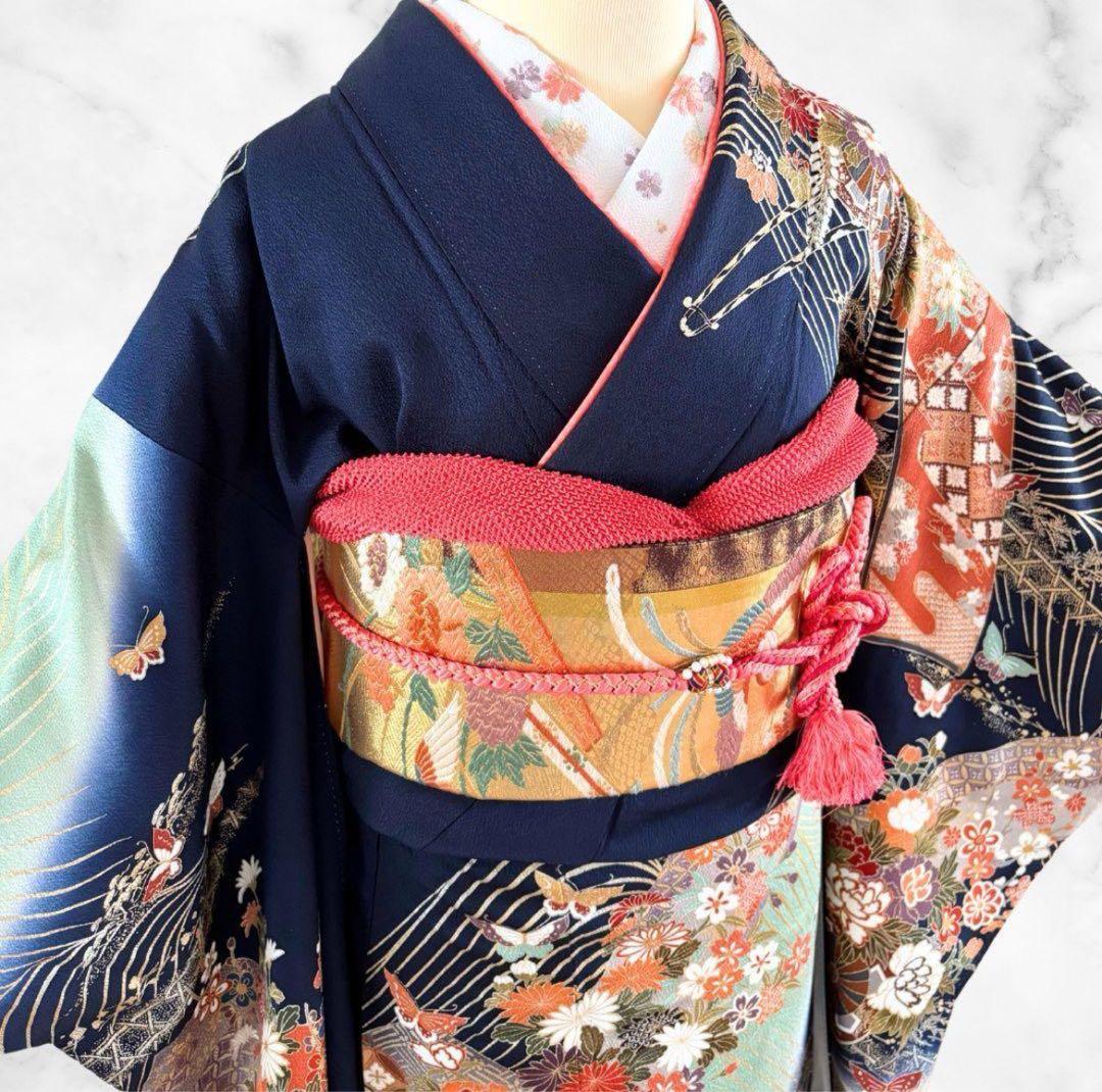 美品 振袖 フルセット 身丈155 正絹 刺繍衿 ネイビー 紺