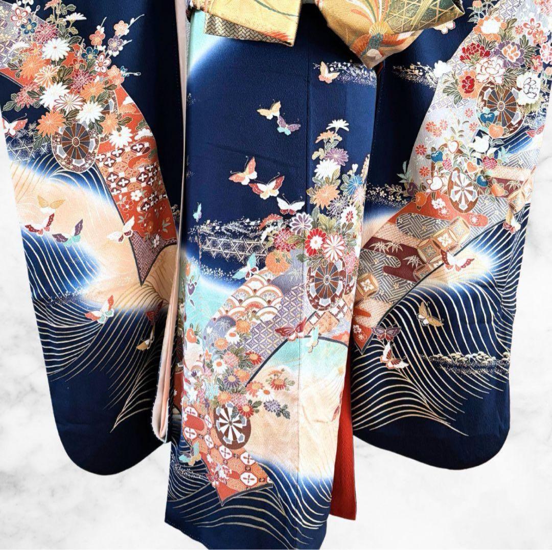 美品 振袖 フルセット 身丈155 正絹 刺繍衿 ネイビー 紺
