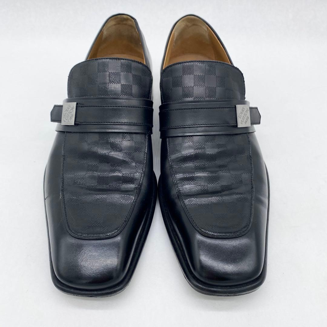 A17853 ルイヴィトン ダミエライン ロゴ金具 レザーローファー 黒 UK7