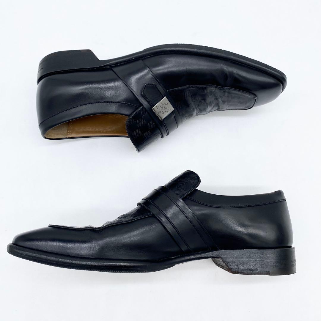 A17853 ルイヴィトン ダミエライン ロゴ金具 レザーローファー 黒 UK7