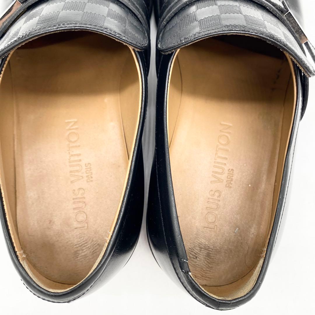 A17853 ルイヴィトン ダミエライン ロゴ金具 レザーローファー 黒 UK7