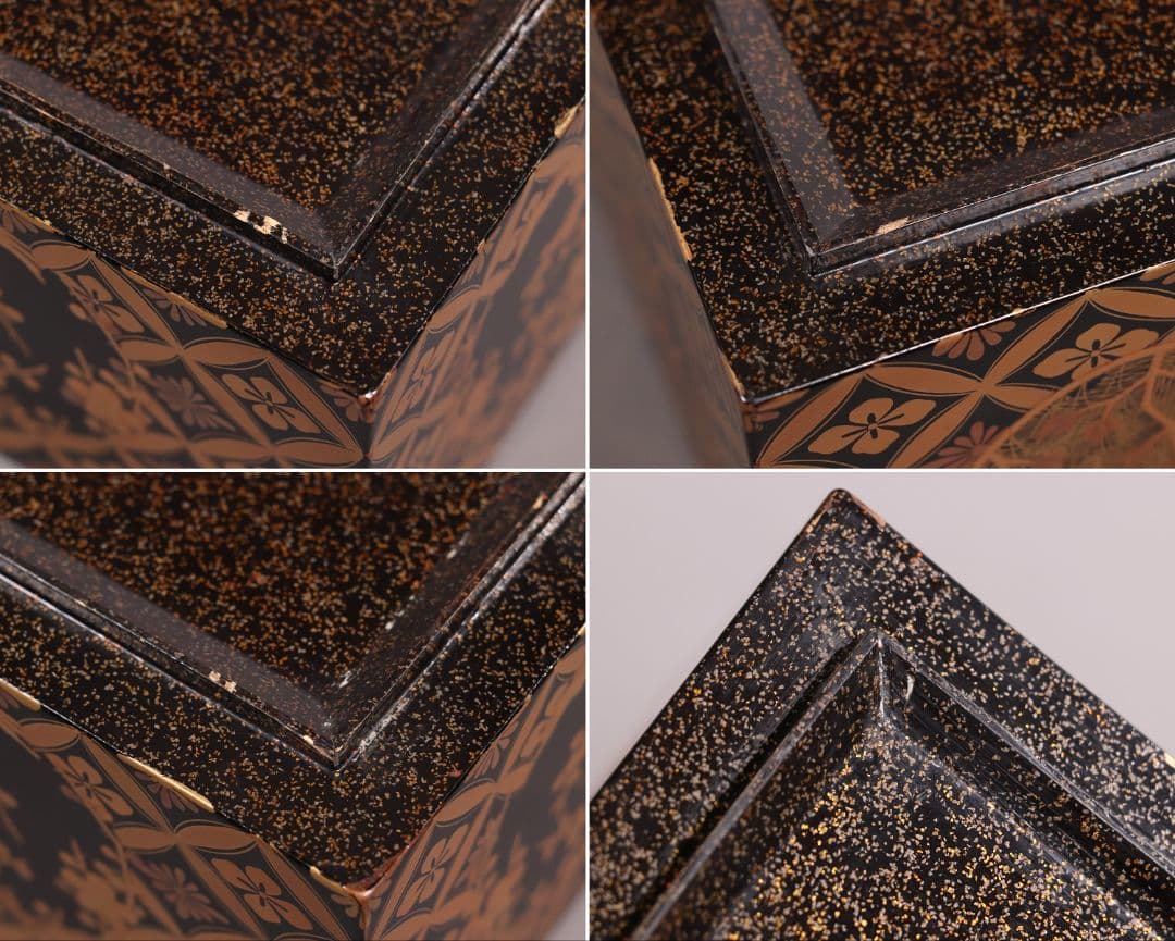 MA322 時代木製漆器 総蒔絵総梨地 花七宝 花の丸蒔絵 五段重 山水 二枚蓋