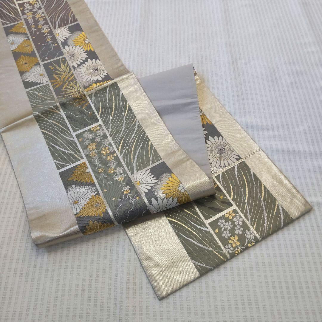 【袋帯】圧倒的スタイリッシュ＊シルバー輝く短冊文様！/Obi/Vintage