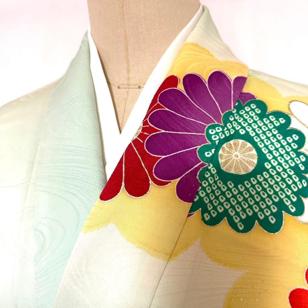 5k2946 振袖　正絹　袷　青　赤　金色　白　紫　緑　花柄　和装　着物