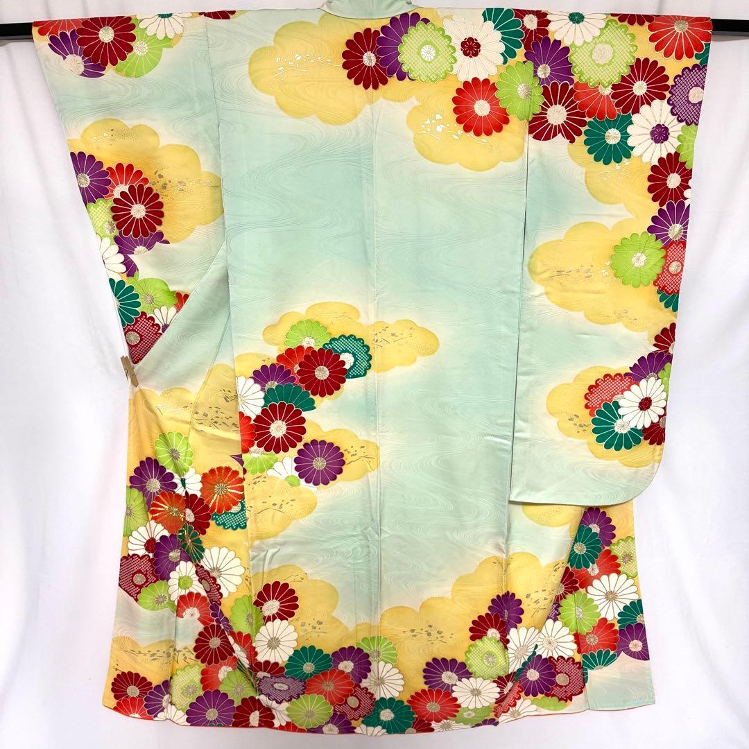 5k2946 振袖　正絹　袷　青　赤　金色　白　紫　緑　花柄　和装　着物