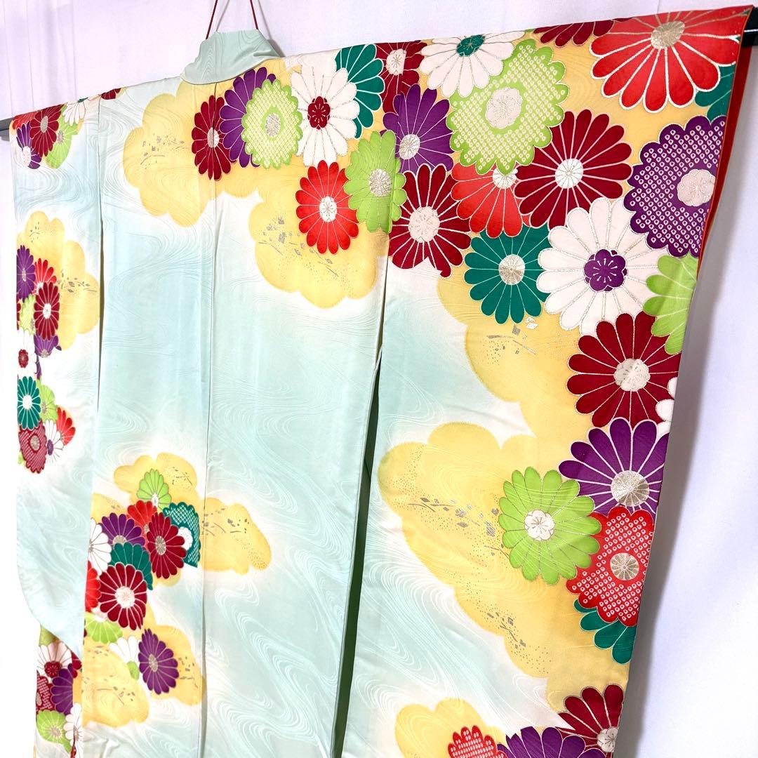5k2946 振袖　正絹　袷　青　赤　金色　白　紫　緑　花柄　和装　着物