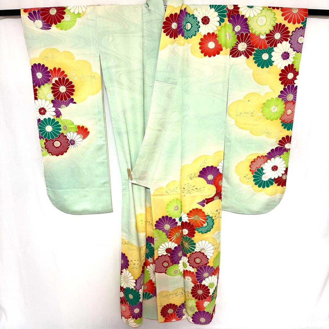 5k2946 振袖　正絹　袷　青　赤　金色　白　紫　緑　花柄　和装　着物