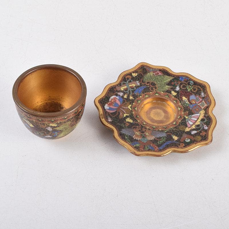 中国　古七宝琺瑯彩　神獣文　煎茶碗　茶托　D　R9211