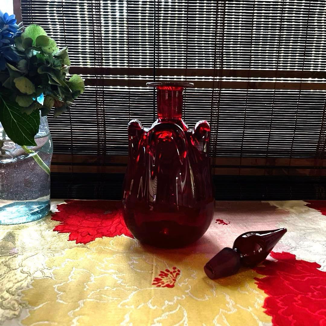 骨董　時代ガラス　銅赤被せガラス　古作　水差し　デカンタ カラフェ