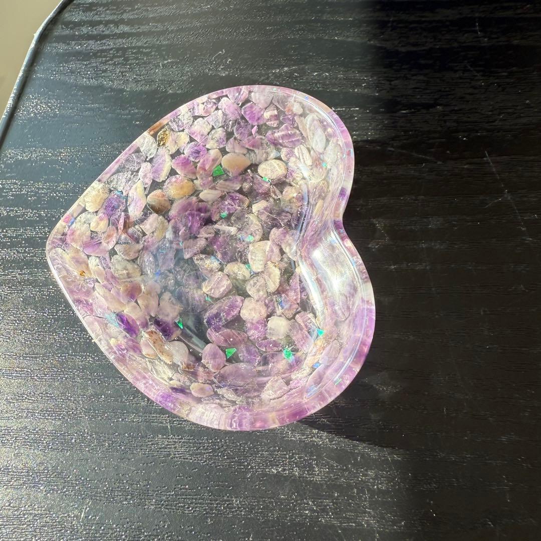 【*tomo*】アメジスト細石のハートお皿　置物NO.012104