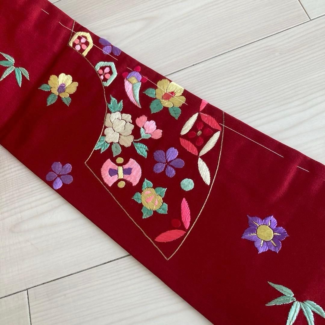アンティーク名古屋帯　しつけ糸付　刺繍　鳥・宝尽くし・花模様　正絹　No6-24