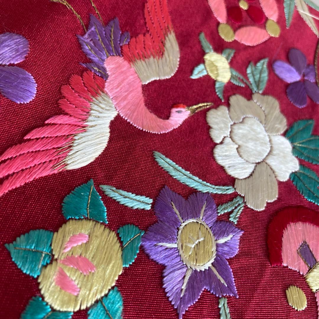 アンティーク名古屋帯　しつけ糸付　刺繍　鳥・宝尽くし・花模様　正絹　No6-24