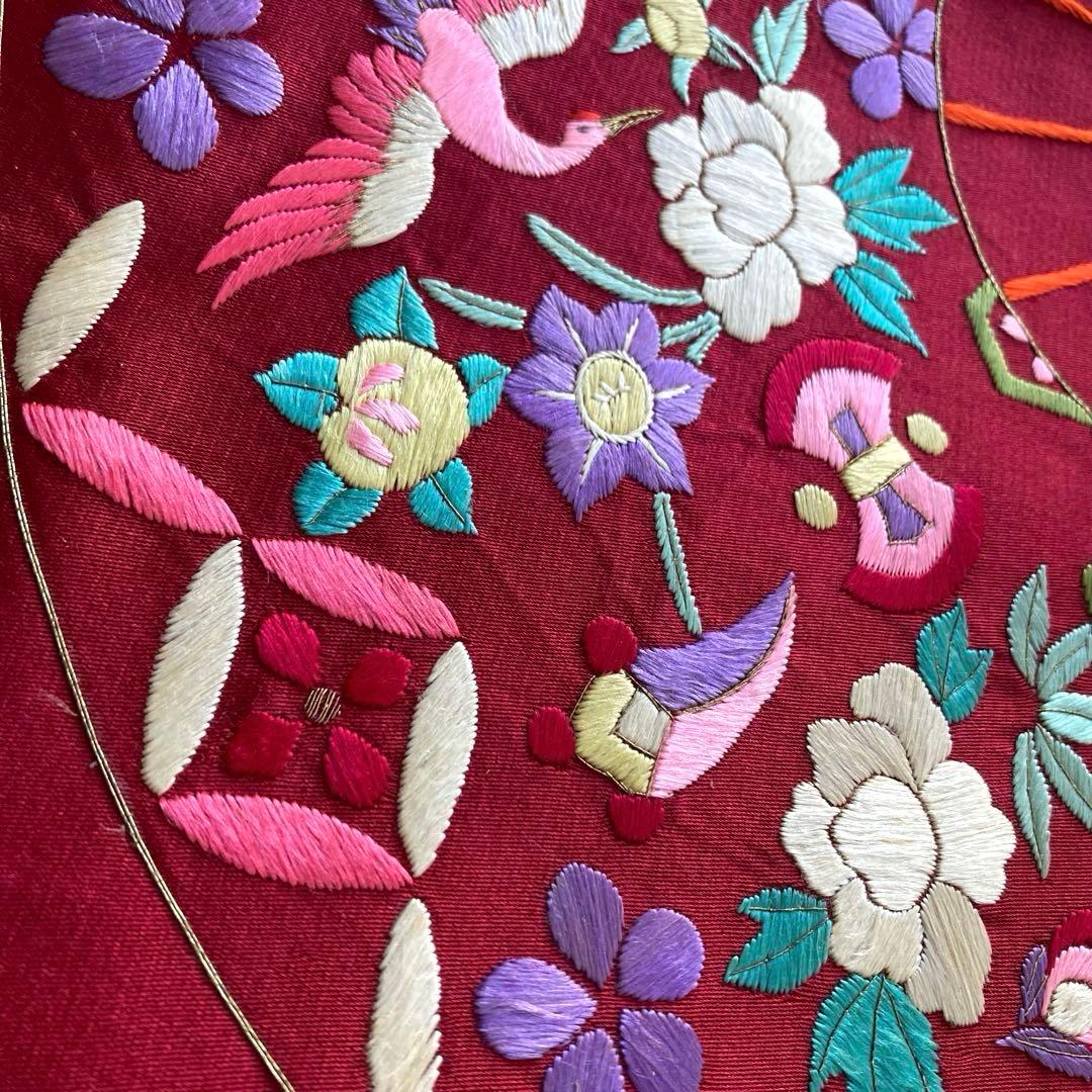 アンティーク名古屋帯　しつけ糸付　刺繍　鳥・宝尽くし・花模様　正絹　No6-24