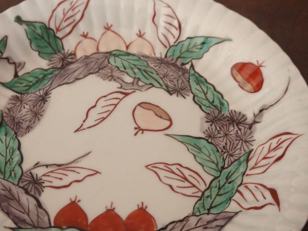 江戸中期〜後期　古伊万里　色絵　金彩　栗文　鎬　皿　5客　銘々皿　バラ売り可能