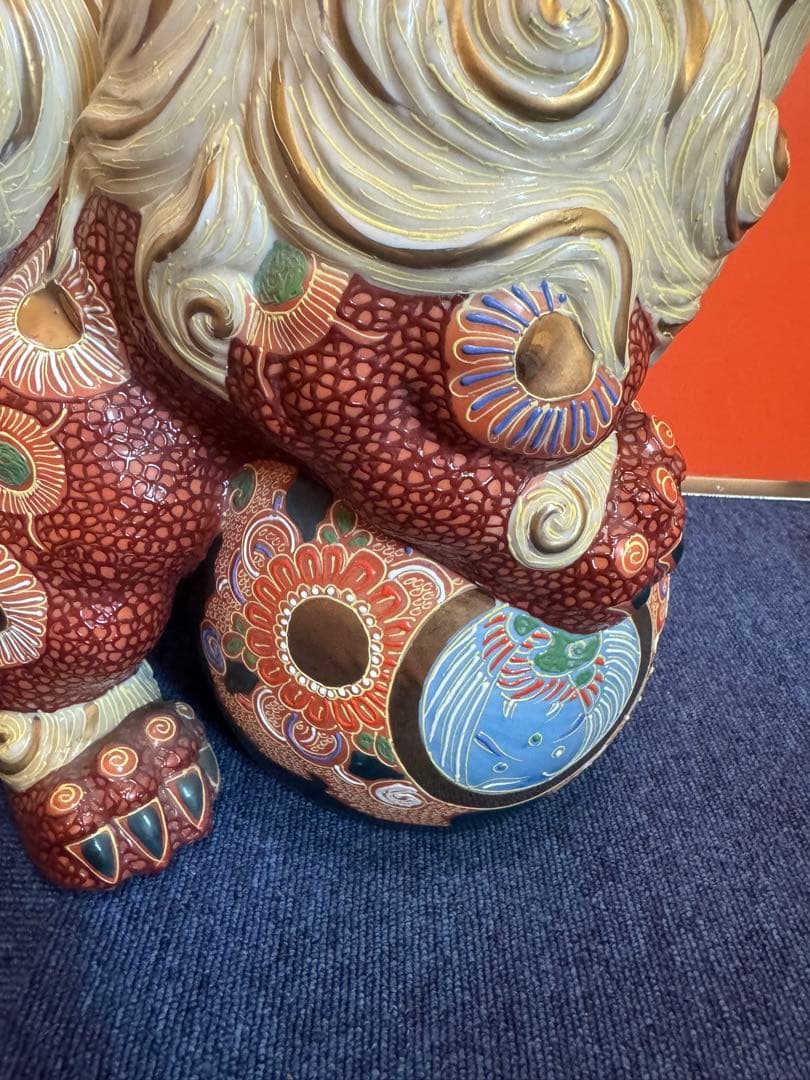 1903 九谷焼 太吉　特大　38cm  玉乗り獅子 狛犬 置物 縁起物