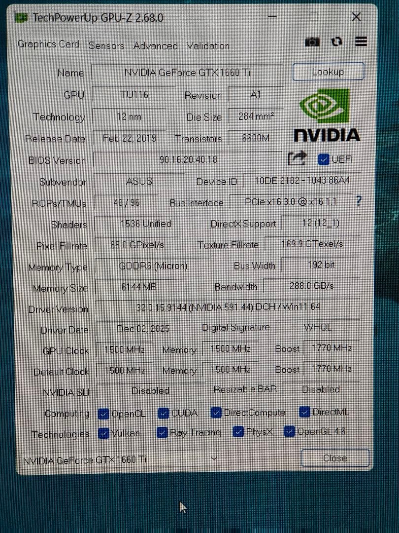 ASUS GeForce GTX 1660 Ti 6GB GDDR6稼働品