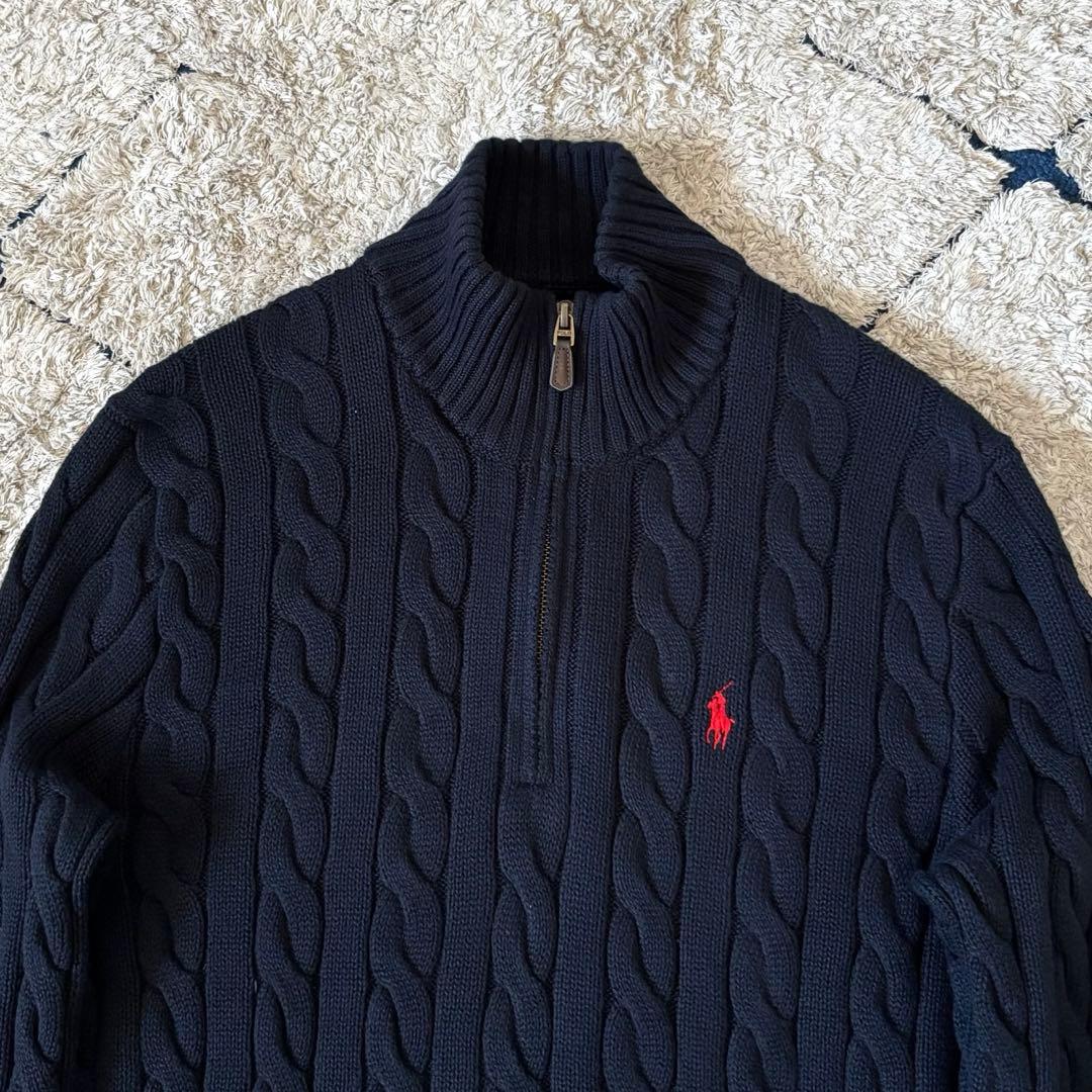【希少✨】ポロラルフローレン　ケーブルニット　ハーフジップ　紺　大人気　刺繍　S