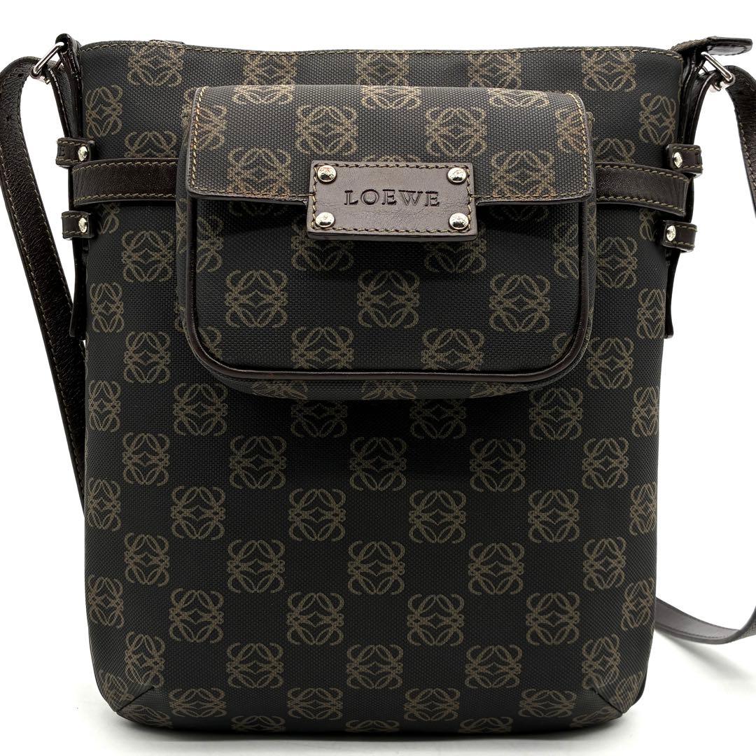 美品 ロエベ ショルダーバッグ リピートアナグラム ポーチ付 斜め掛け 黒 茶
