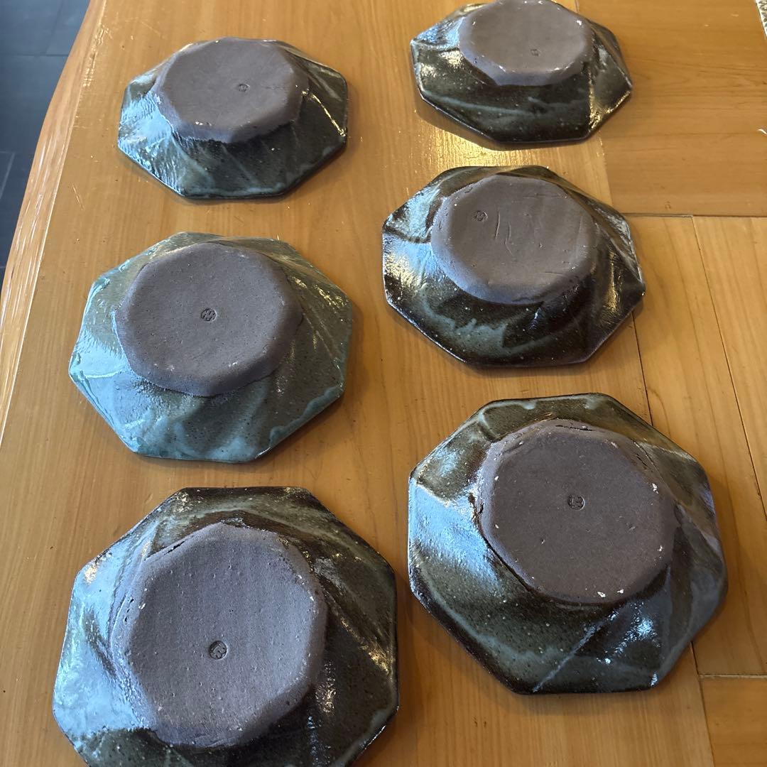 八角形皿　丹波立杭焼　青緑ガラス釉　6枚セット　丹山窯　新品