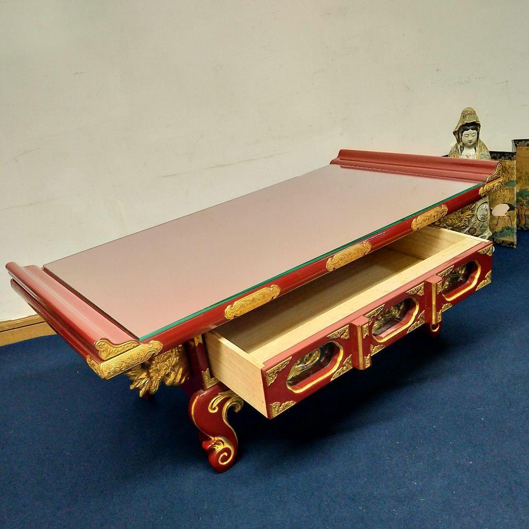 A729 経机 赤塗 朱塗 金箔鍍金 供物台 仏壇前机 木製 天板 ガラス付