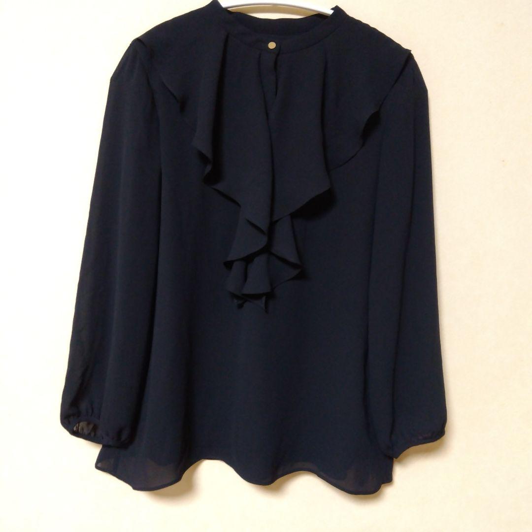 【新品】23区【洗える】ジョーゼットフリル 長袖ブラウス38ネイビー