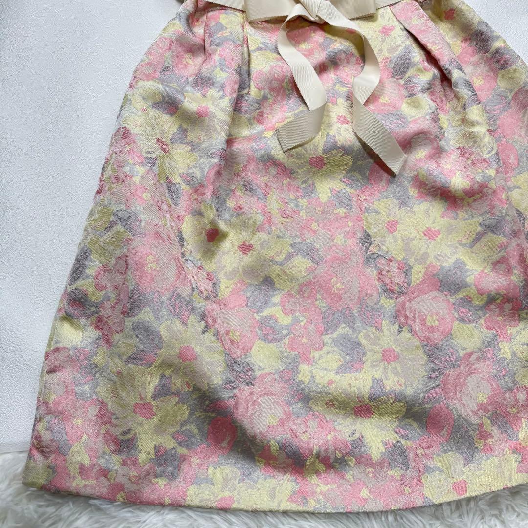 Super Beauty 花柄 ジャガード ドレス ワンピース ベルトリボン