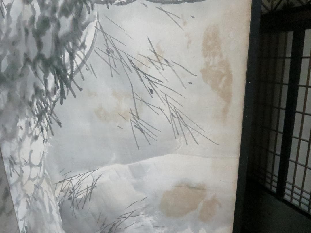 ★最終値　六曲　屛風 水墨画　楊舟 筆　2頭の虎図 古民家蔵出　衝立　間仕切