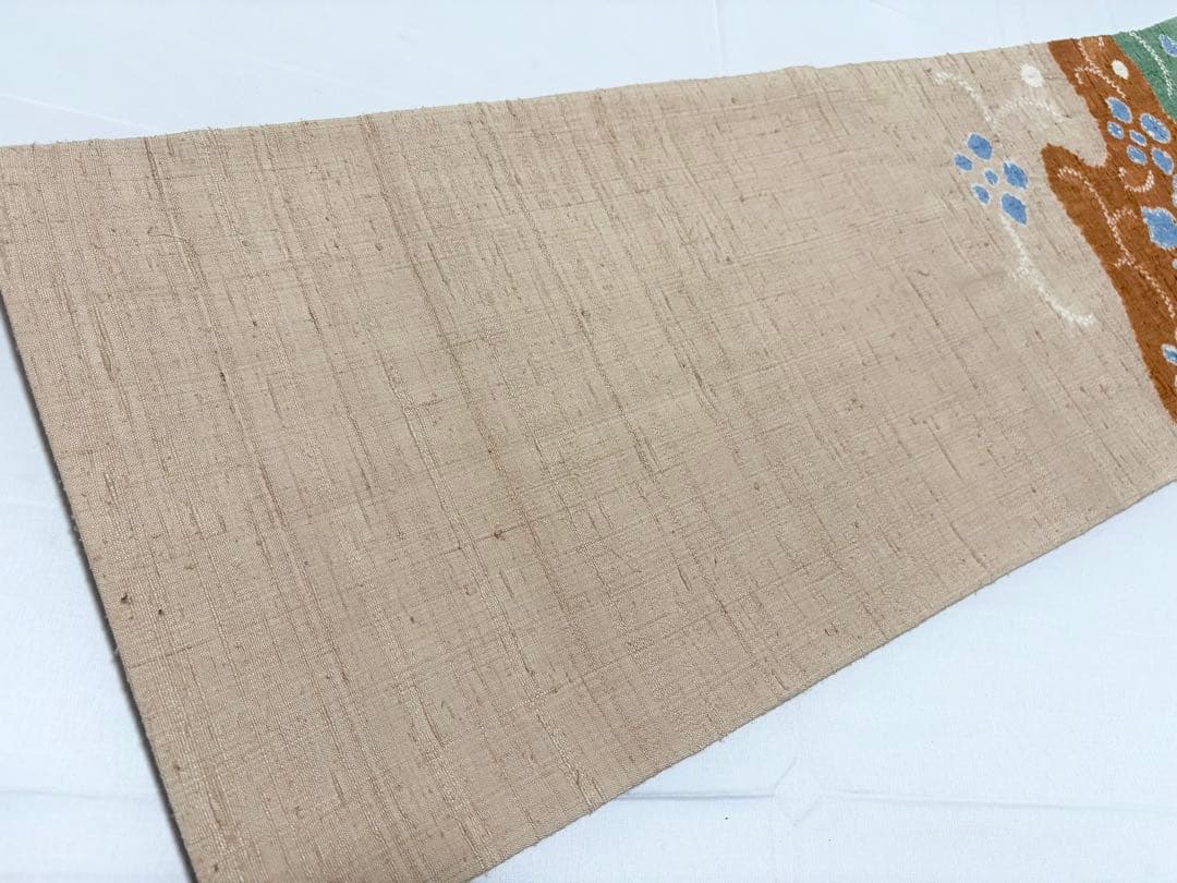 B5 蝶に花模様 絞り 薄茶色系 紬 正絹 太鼓柄 開き名古屋帯 シャレ帯