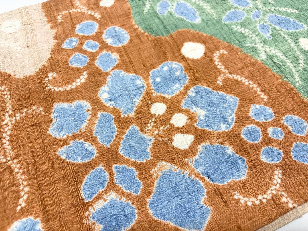 B5 蝶に花模様 絞り 薄茶色系 紬 正絹 太鼓柄 開き名古屋帯 シャレ帯