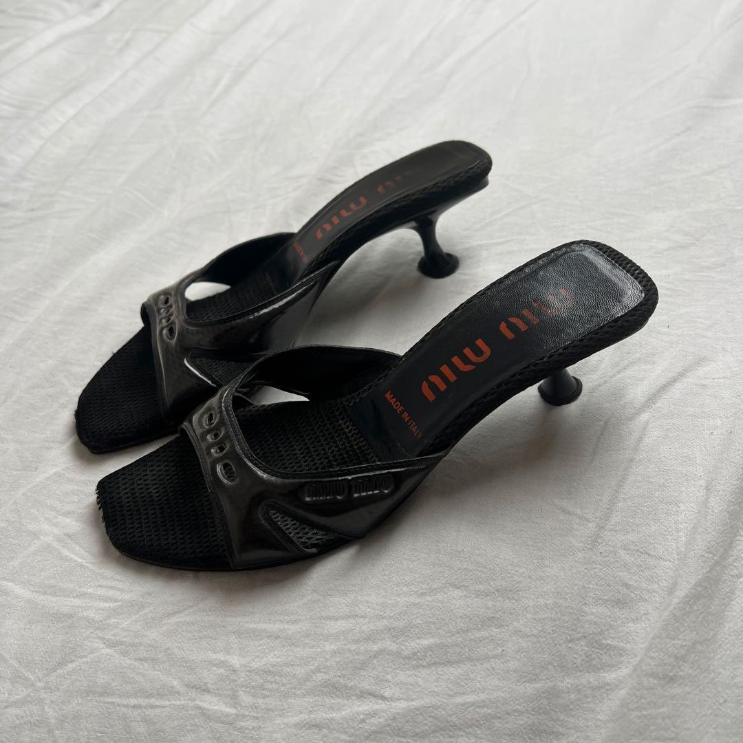 靴 Archive miu miu mesh patent mules black