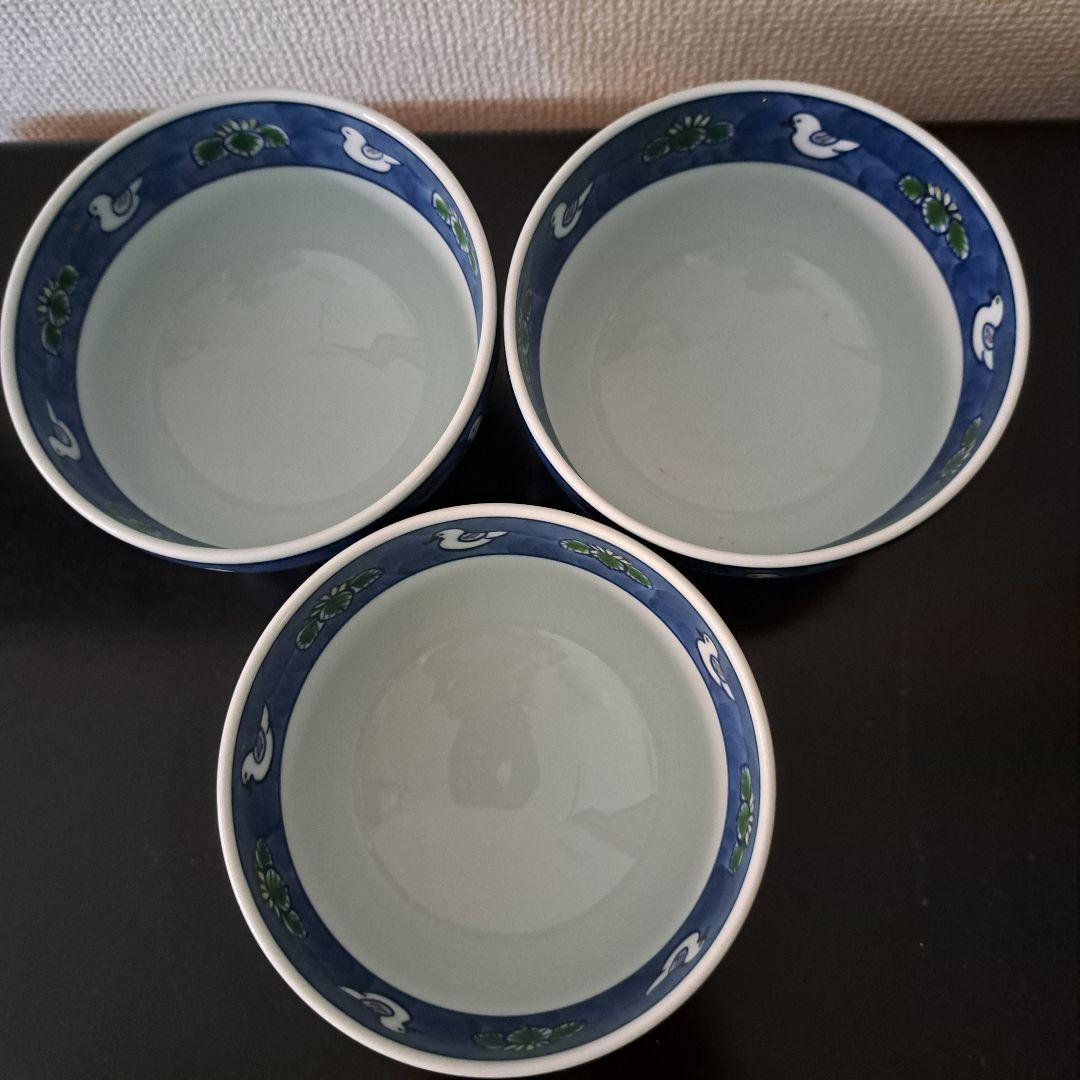 【美品】有田焼 源右衛門 染錦水鳥図 小丼３個