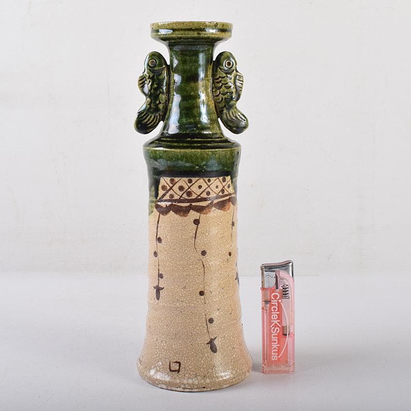 北大路魯山人作　絵織部　花入　共箱　M　R8609