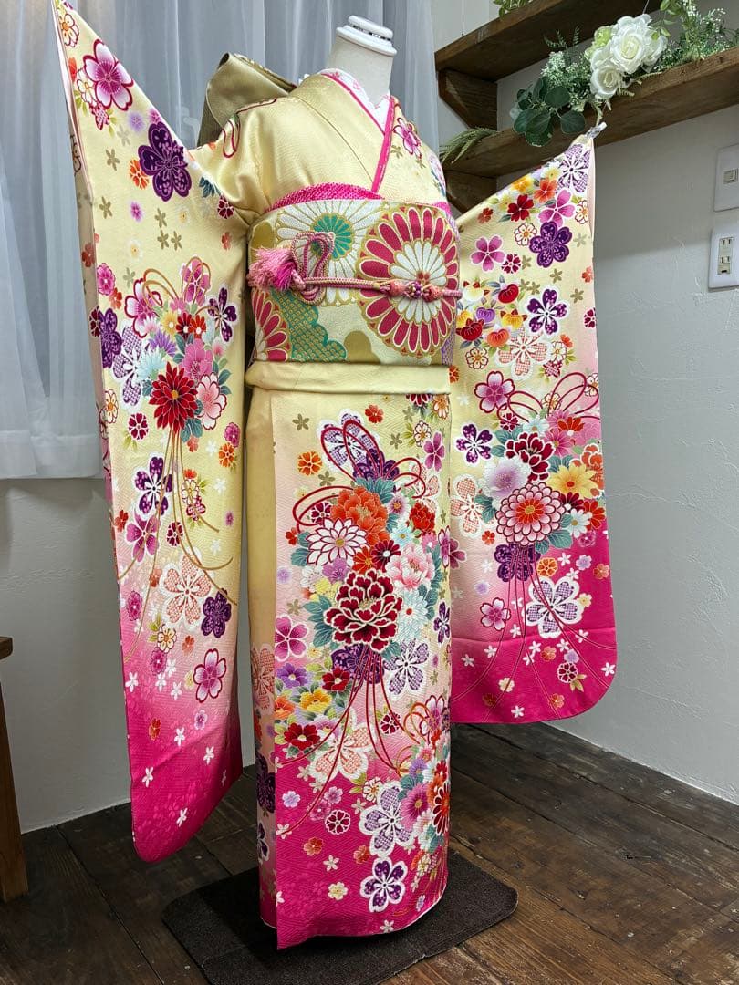 成人式　単品　1140 薄黄色&ピンク　正絹　振袖　格安！