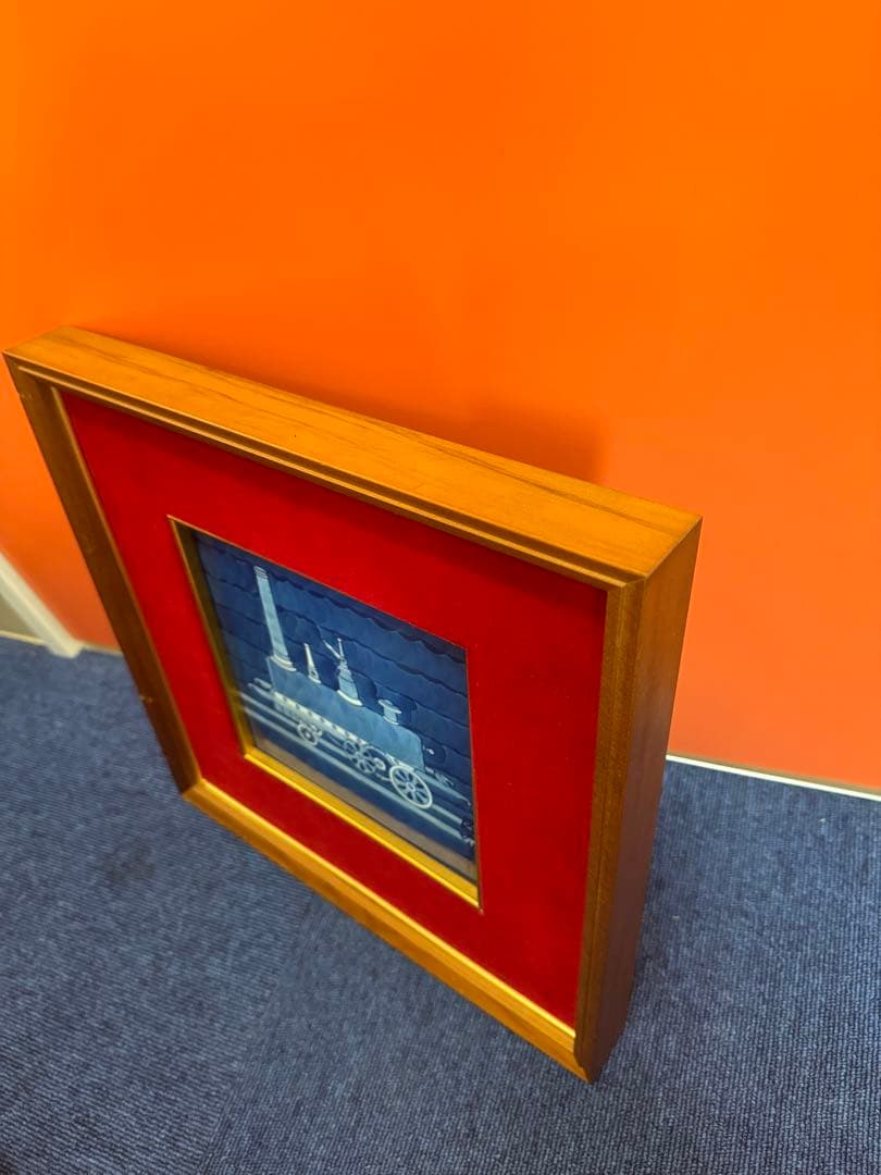 1914 源右衛門 染付 陶板画 額装 蒸気機関車図　額縁  置物　工芸品